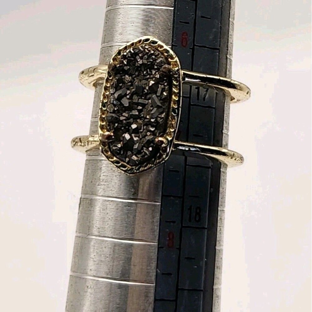Kendra Scott Elyse Gold Tone Double Band Ring Black Drusy Oval Stone Sz 7 #4